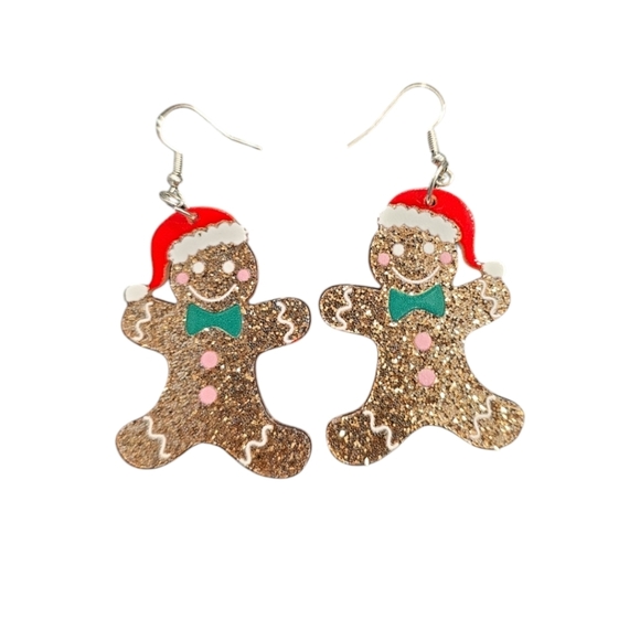 Glittery Acrylic Gingerbread Man Christmas Dangle Earrings - Picture 2 of 2